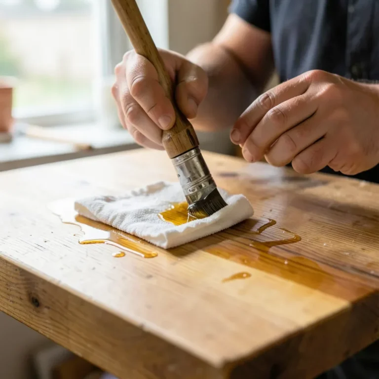 Applying Danish oil to a wood tabletop with a cloth