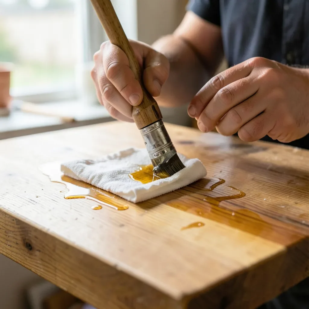 Applying Danish oil to a wood tabletop with a cloth