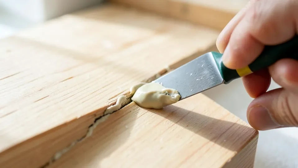 Applying homemade sawdust and glue wood filler with a putty knife