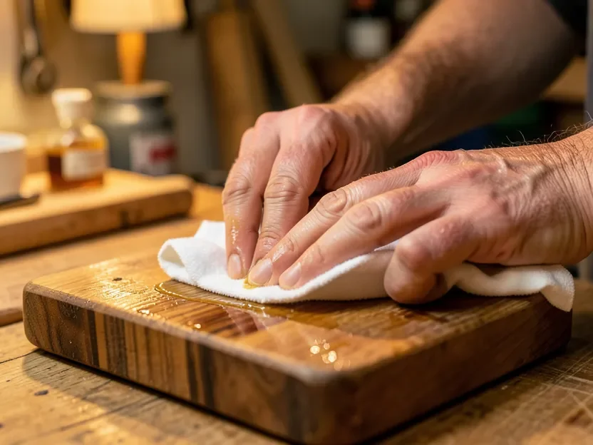Hands rubbing tung oil into a wooden cutting board with a soft cotton cloth