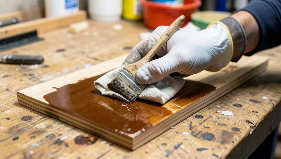 Applying new wood stain evenly with a cloth along the grain
