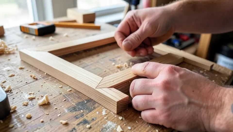 Assembling mitered wooden corners for a flag display case frame