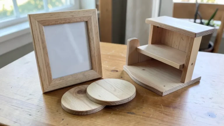 Assorted small handmade wood DIY projects: picture frame, coasters, shelf
