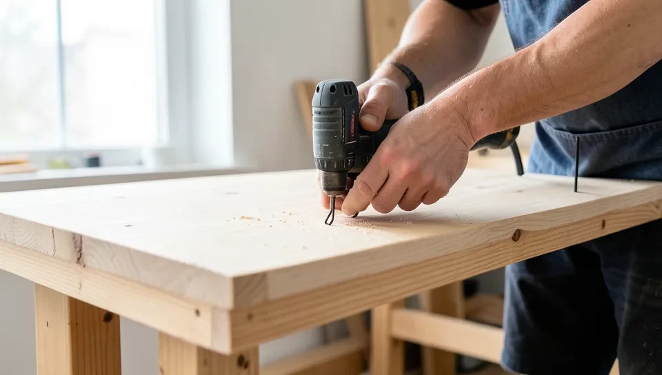 Attaching black hairpin metal legs to a modern wood bench top