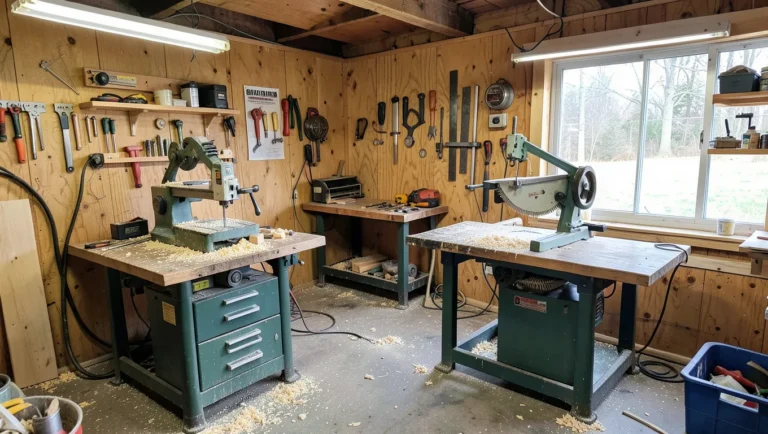 A bandsaw and a table saw in a home woodworking shop