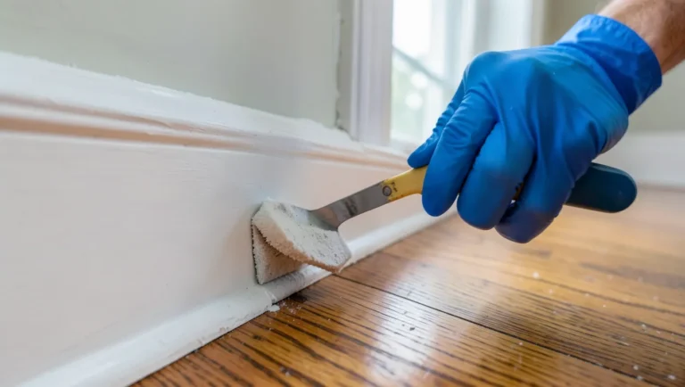 Person wearing rubber gloves scraping softened paint off a wood baseboard with a putty knife