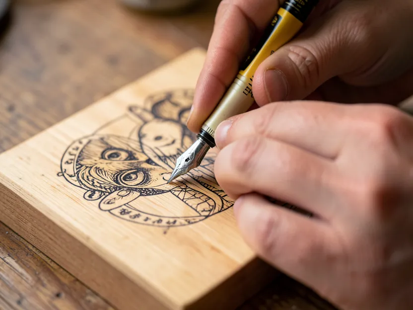 Beginner practicing wood burning pyrography on a wooden board