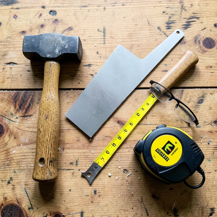 Flat lay of beginner woodworking hand tools on a workbench