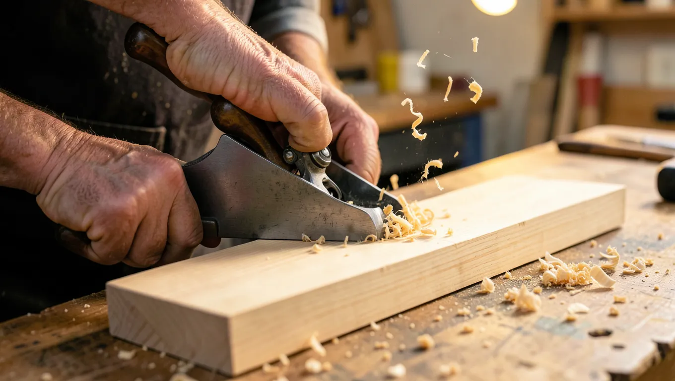 Woodworker using a jack plane to smooth a wooden board on a workbench