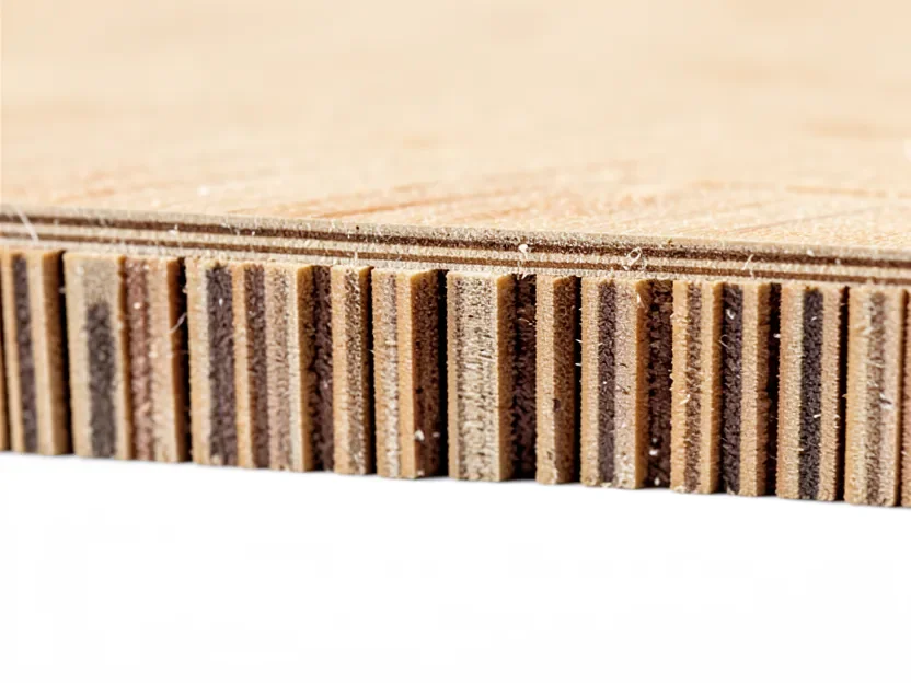 Close-up of a blockboard panel edge showing the solid wood strip core between two thin face veneers