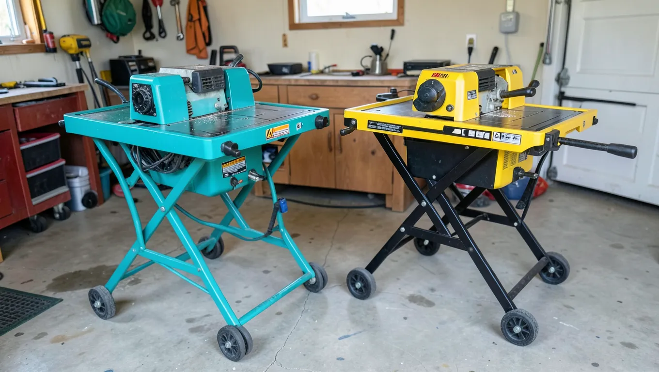Two portable jobsite table saws side by side in a garage workshop