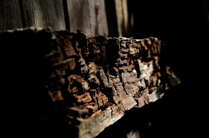Decayed wood broken into small cube-shaped blocks, the cuboidal cracking typical of brown rot Decayed wood broken into small cube-shaped blocks, the cuboidal cracking typical of brown rot
