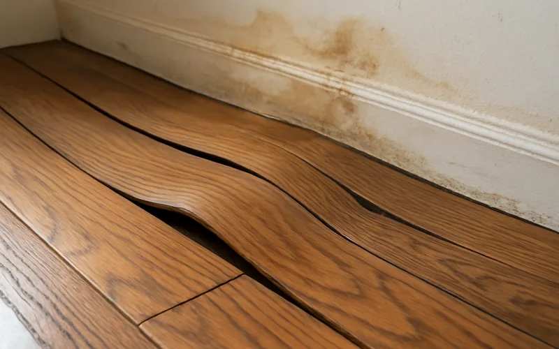Buckled hardwood floor boards lifted away from the subfloor near a wall after water damage Buckled hardwood floor boards lifted away from the subfloor near a wall after water damage