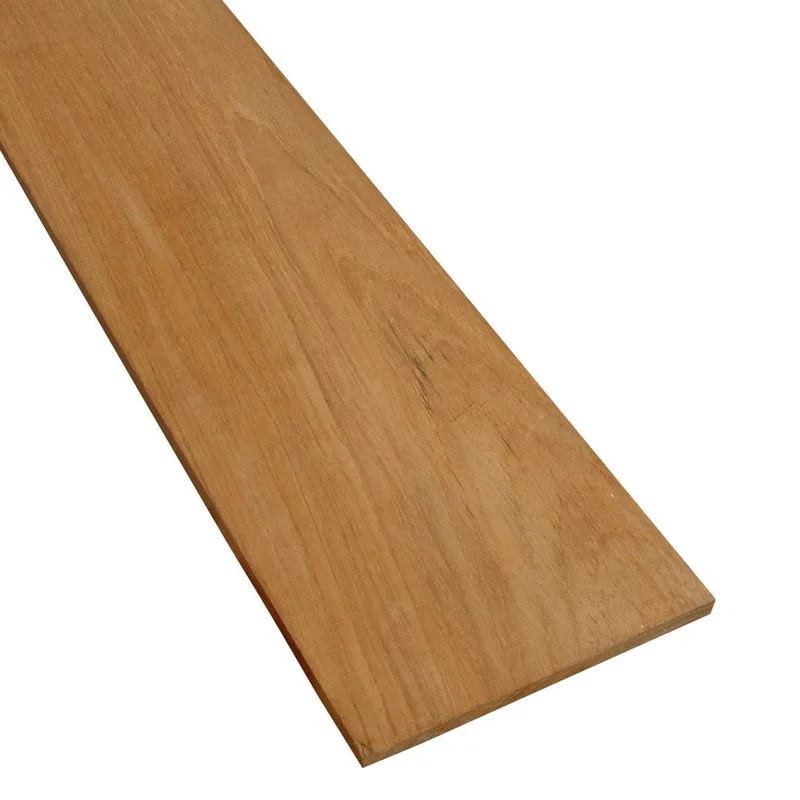 Close-up of a Burma teak wood plank showing its warm golden-brown grain