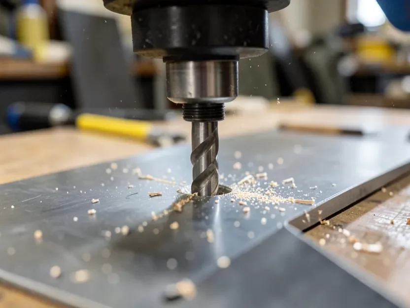 Close-up of a pilot bit starting a hole in a sheet metal panel with metal shavings scattered