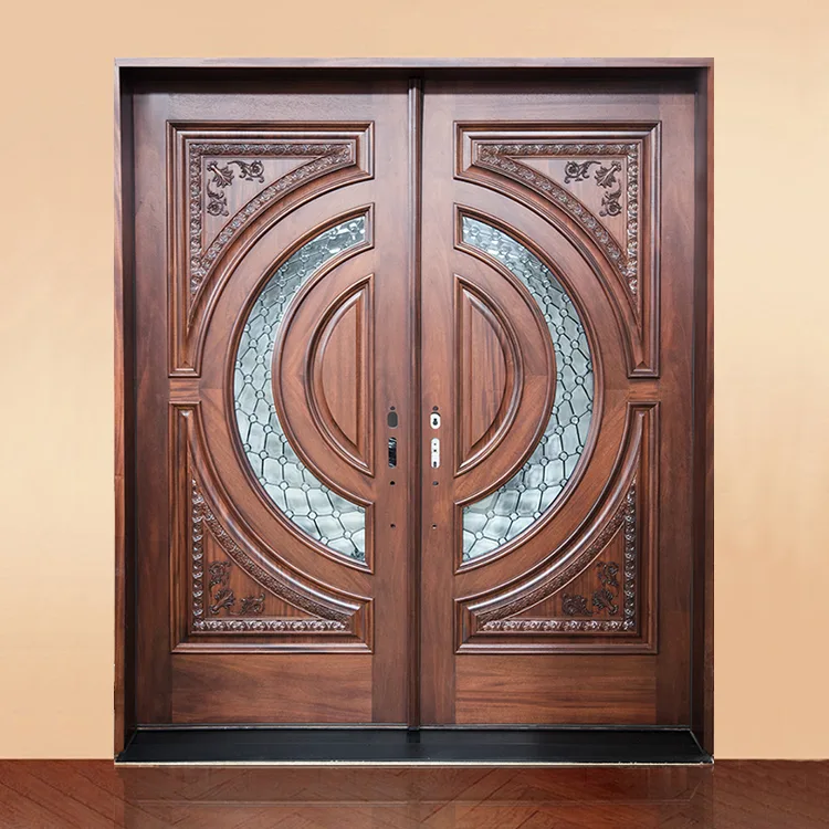 Dark wood-finished teak double door with a circular carved medallion motif and glass window inserts