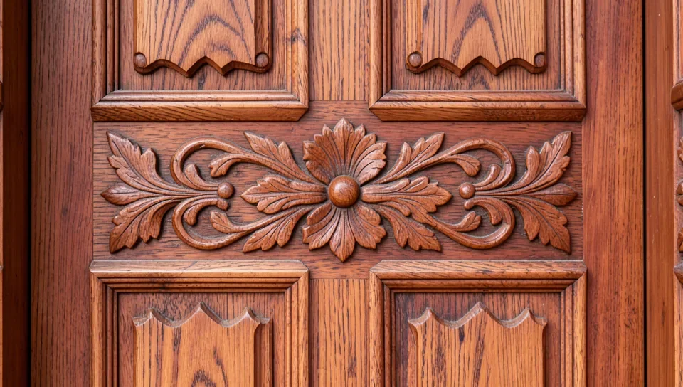 Close-up of carved teak wood door detail