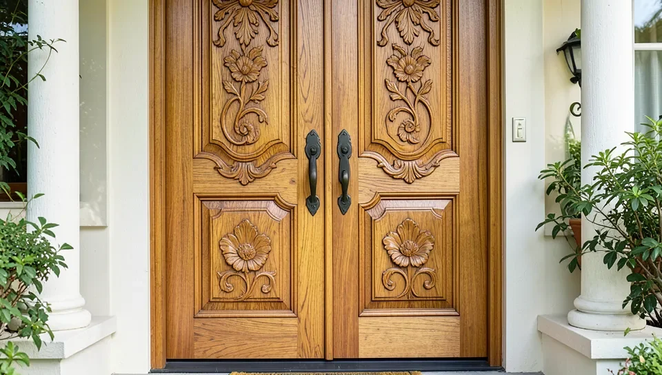 A traditional carved teak wood main door with intricate floral carving detail