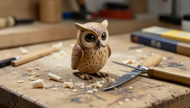 A simple hand-carved wooden owl, a popular beginner animal subject