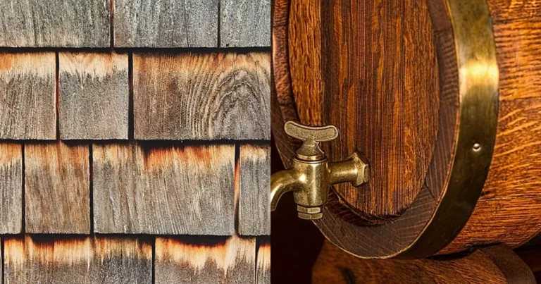 Cedar shake siding and an oak barrel showing the wood grain difference between cedar and oak
