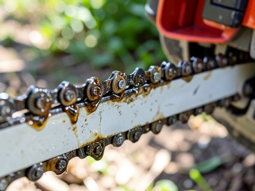 Close-up of a chainsaw chain and guide bar showing oil residue on the drive links and bar groove