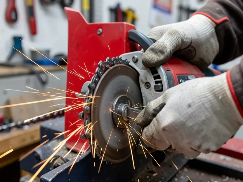 Electric grinder sharpening a single chainsaw chain tooth, sparks visible