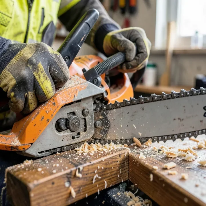 A person sharpening a chainsaw chain with a file
