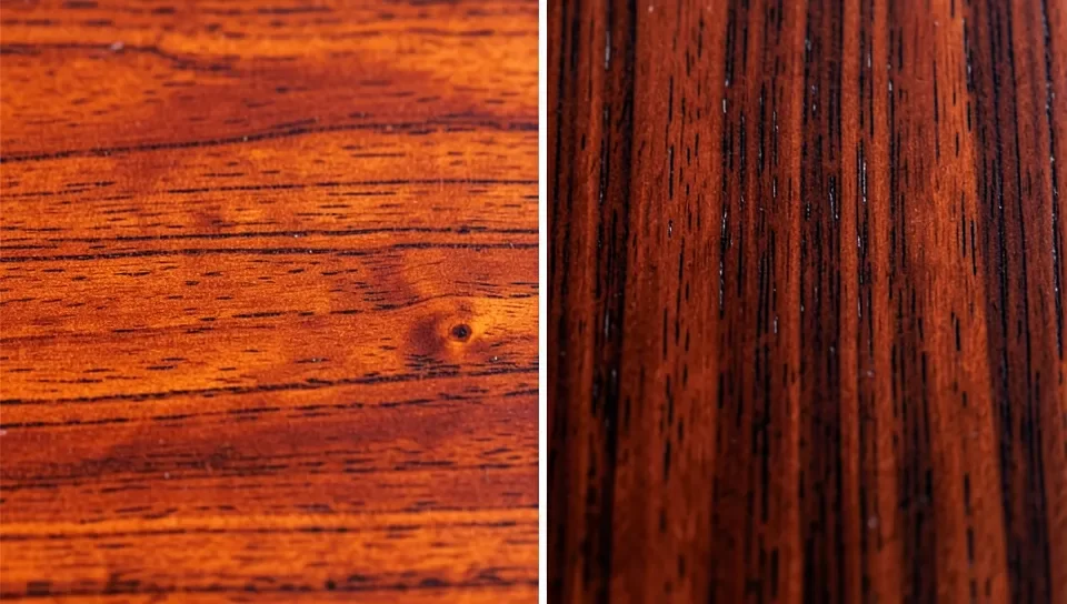 Cherry wood grain (left) next to mahogany wood grain (right)