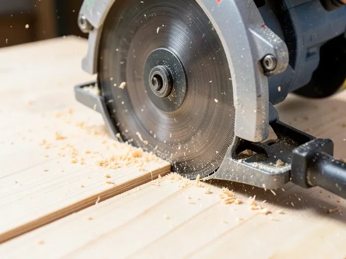 Circular saw with a fine-tooth blade cutting cleanly through plywood
