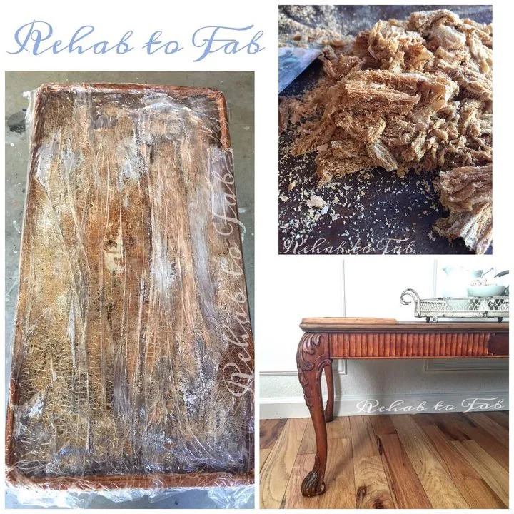 Plastic wrap laid over Citristrip gel on painted furniture to slow drying during the dwell time