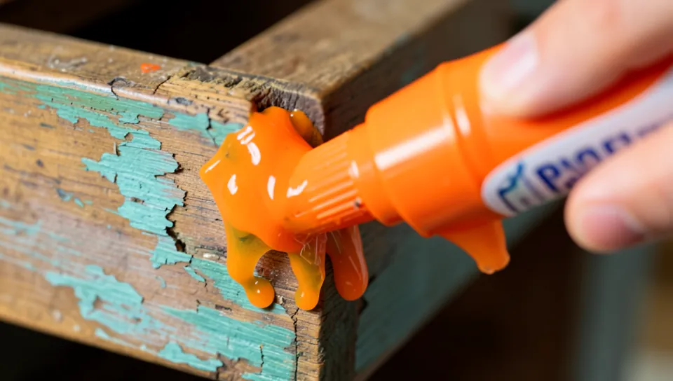 Orange citrus paint stripper gel applied to peeling paint on a wooden drawer corner
