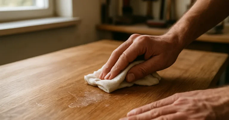 hands wiping adhesive residue off a wood surface with a soft cloth