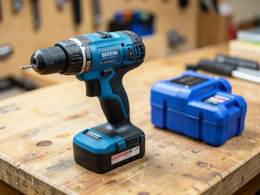Blue and black cordless drill and battery packs on a wood workbench