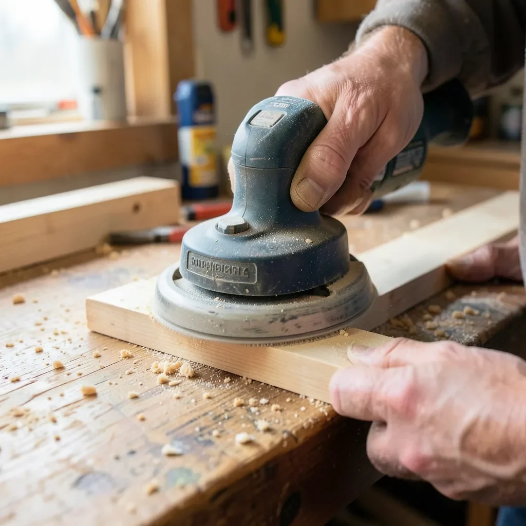 Random orbital sander sanding a wood board