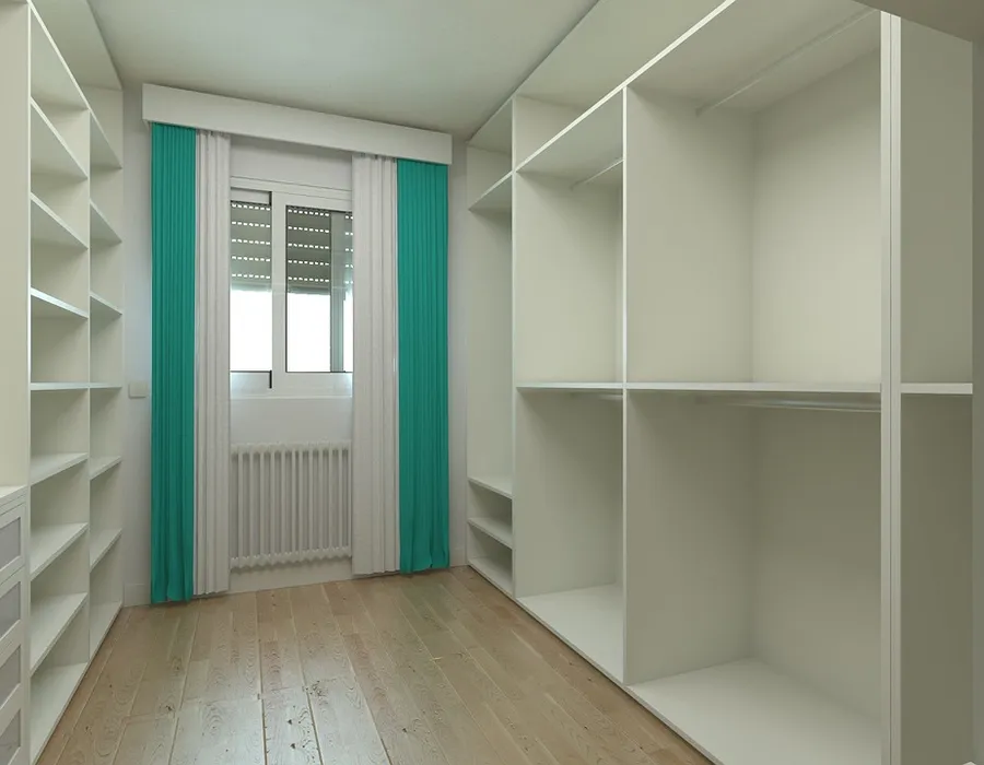 Custom teak wood wardrobe closet with open shelving and hanging space