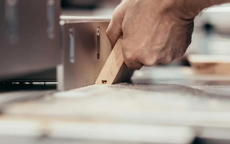 Hand holding a beech wood strip against a machine fence while a slot for a joint is cut