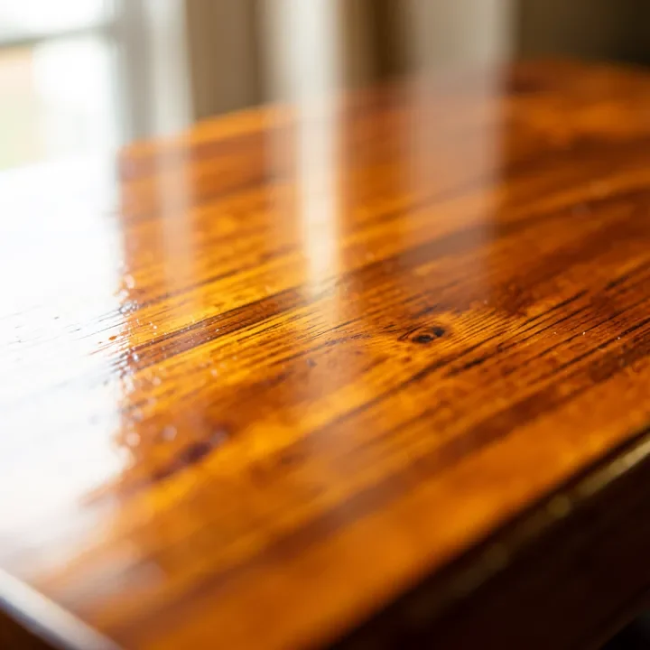 Close-up of the warm glossy sheen a cured Danish oil finish gives wood grain