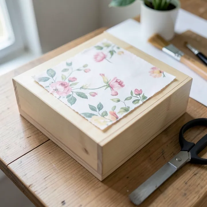 Decorating a wooden box with decoupage paper