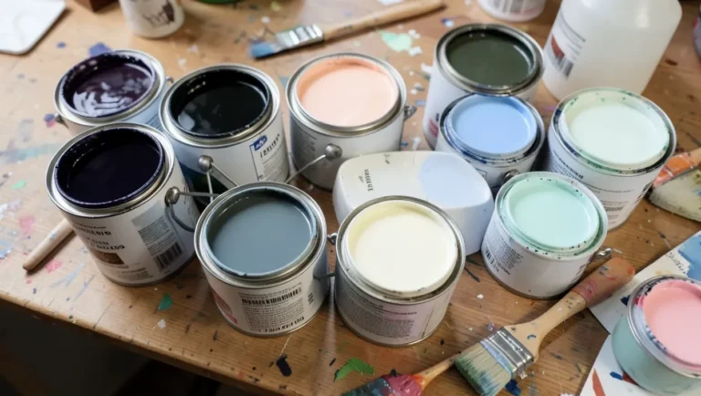 Paint cans and color swatches ranging from deep dark to light white base colors