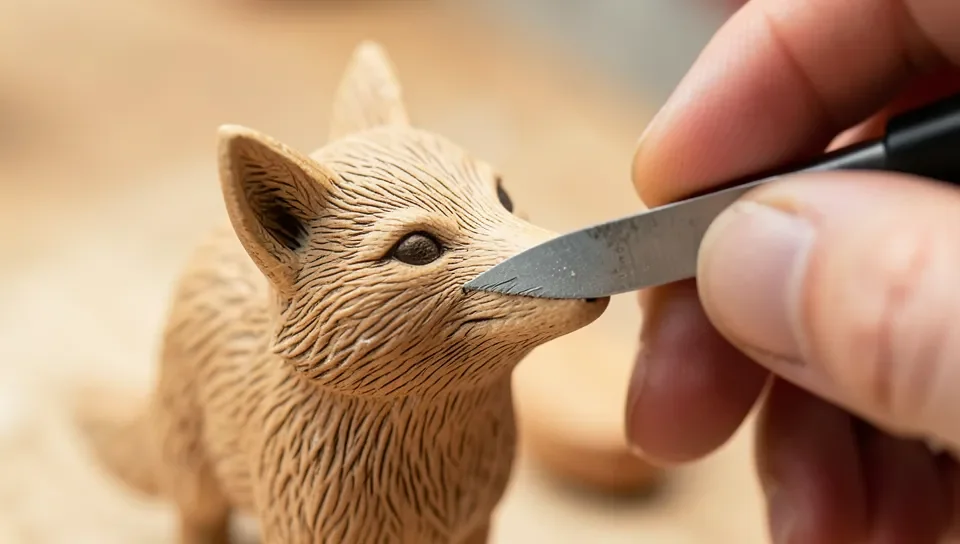 Adding fine detail lines to a wooden animal figure with a detail knife