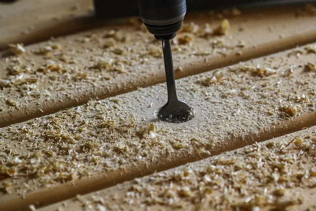 Drilling a pilot hole before screwing plywood boards together for a DIY bookshelf
