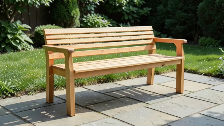 Handmade cedar wood garden bench on an outdoor patio