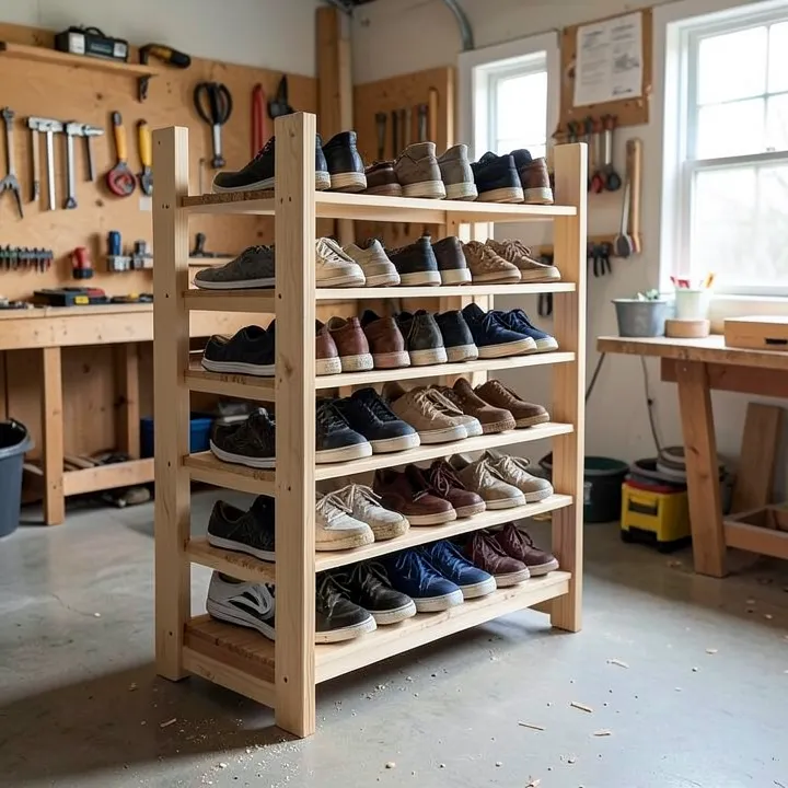 Wooden DIY shoe storage rack in a garage with organized shoes