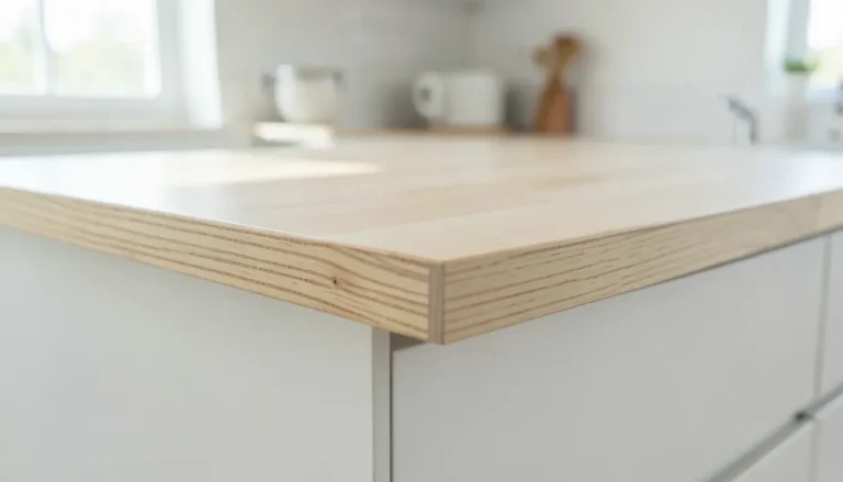 Close-up of a finished plywood countertop showing edge-banded plywood grain in a modern kitchen