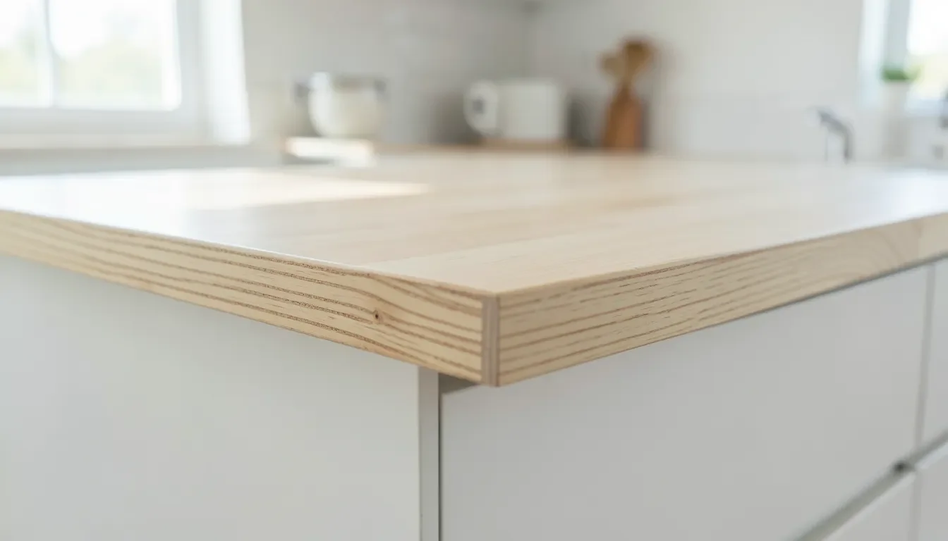 Close-up of a finished plywood countertop showing edge-banded plywood grain in a modern kitchen