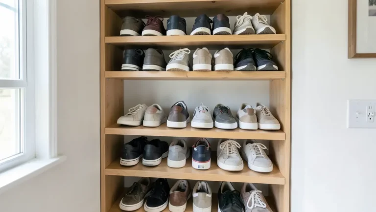 Wall-mounted wooden shoe organizer shelf in a home closet