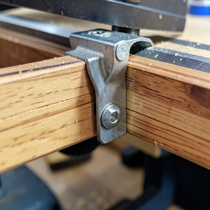 Angle iron bracket mounting an extension wing to the fence rail