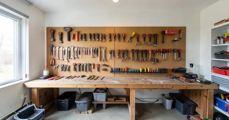 Organized pegboard and shelving tool storage wall in a home garage workshop