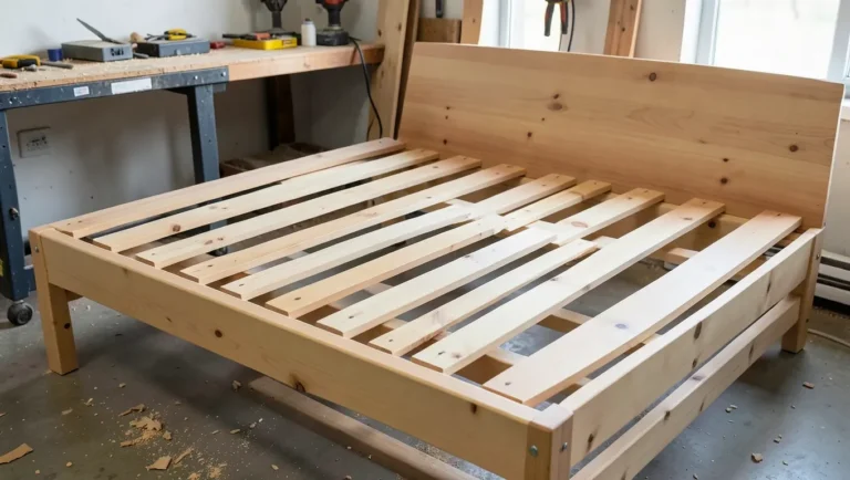 DIY wood bed slats laid across a bed frame