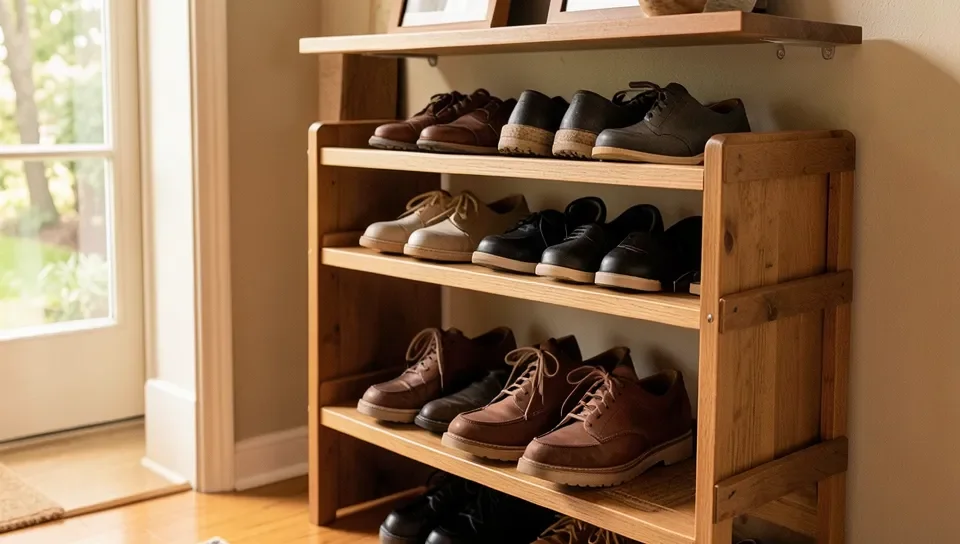 Handmade wooden shoe rack with adjustable shelves in an entryway